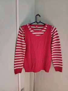Pink Knit Sweater with White Stripes