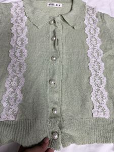 Pastel Green Lace Trim Cardigan