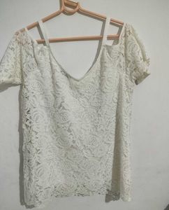 White Lace Cold Shoulder Top with Floral Embroider