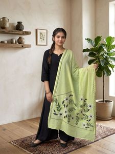 Black Suit Set With Green Floral Dupatta