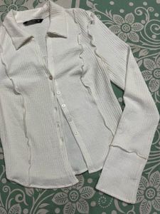 White Ruffled Button-Up Shirt