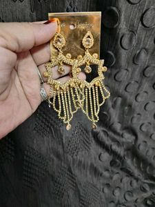 Gold Plated Stone Studded Long Dangler Earrings
