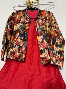Vibrant Red Ethnic Gown with Embellished Jacket