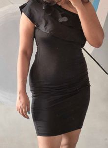 one shoulder ruffle black dress