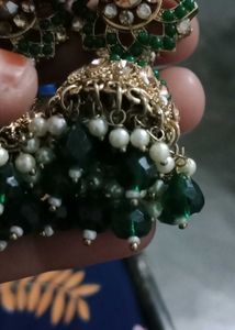 Elegant Green Jhumka Earrings with kaanchain
