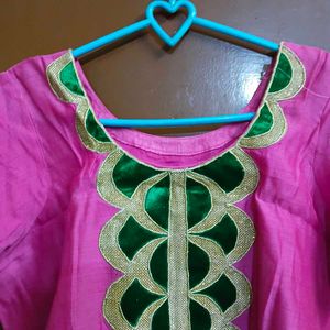 Pink Kurta Set with Green Embroidery