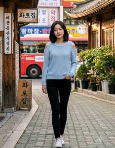Light Blue Cut-Out Sweater with Pearls