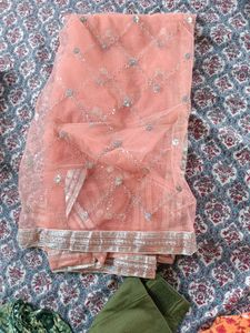 Peach Net Sequins Dupatta