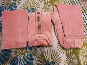 woolen Peach Velvet Kurta Set