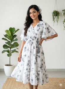 Floral Print Dress Flutter Sleeves with gift