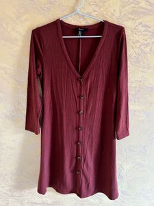 Ribbed Maroon Button-Up Dress