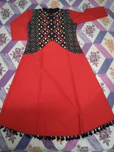 Red Ethnic Kurta with Black Geometric Print