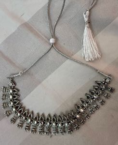 Ethnic Silver Necklace with White Tassel