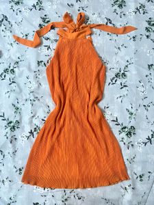 Orange Pleated Halter Neck Dress