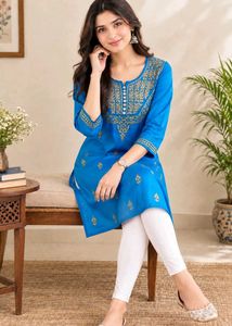 💙 Royal  Blue Chikan Embroidery Short Kur
