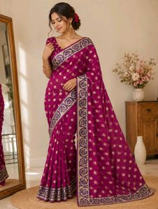 Elegant Purple Silk Saree with Gold Motifs