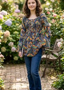 Boho Print Smocked Kurta Top