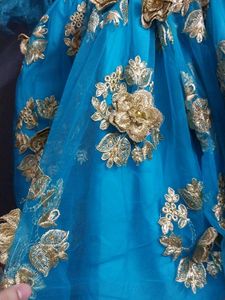 Turquoise Party Dress with Gold Embroidery