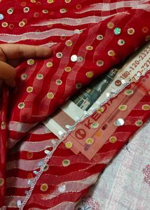 New Unused Vibrant Red Sequined Saree