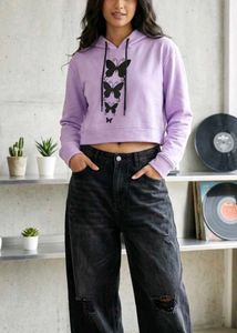 Purple Cropped Hoodie with Butterfly Print