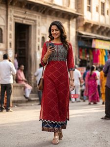 Red & Black Printed long anarkali Kurta