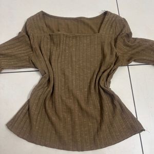 Cinched Waist Ribbed Square Neck Top