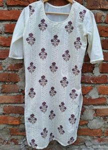 Elegant White Kurta with Purple Floral Print