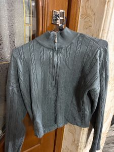 Grey Cable Knit Quarter Zip Sweater