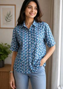 Blue Floral Print Short Sleeve Shirt and Suit