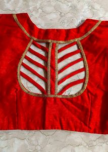 Elegant Red Silk Blouse with Golden Border