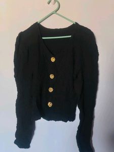 Chic Black Textured Crop Top with Gold Buttons