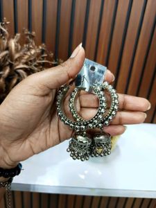 Boho Silver Jhumka Hoop Earrings