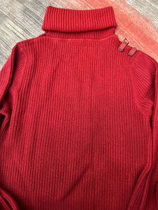 Red Turtleneck Ribbed Knit Dress