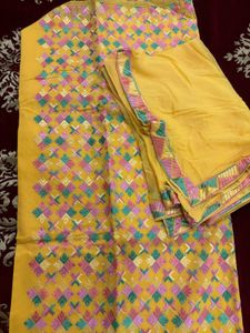 Embroidered Yellow Kurta Set Material with Dupatta
