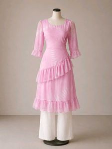 Women's Pink Ruffle Midi Dress with 3/4 Sleeves