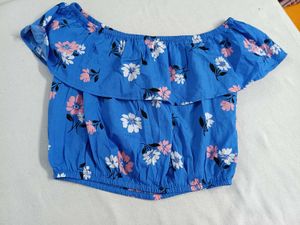 Blue Floral Off-Shoulder Ruffle Top