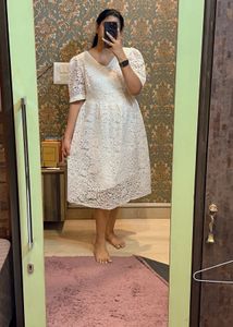 Tailored White Lace Puff Sleeve Dress
