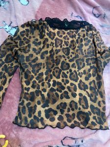 mesh lace leopard print top