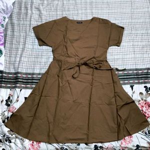 Brown A-Line Tie-Waist Dress with 2 pockets
