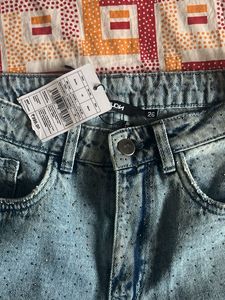 Ripped Denim Shorts with Rhinestones