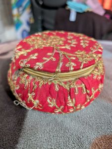 Embroidered Red Round jewellery  Pouch