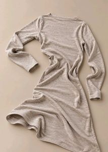 BEIGE MARLED LONG SLEEVE ROUND NECK BODYCON MIDI