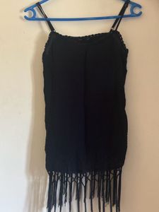 MNG- Black sleeveless top with fringe hem.-
