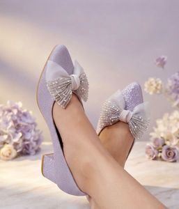 Elegant Lavender Glitter Bow Block Heels for Women