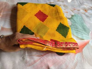 Vibrant Yellow Saree with Red &amp; Green Blocks