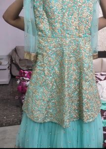 Elegant Cyan &amp; Gold Embroidered gown