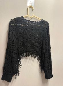 Black Crochet Fringe Poncho Top
