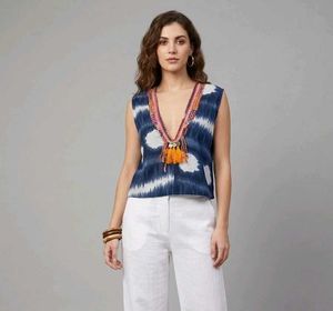 Bohemian Blue & White Printed V-Neck Top