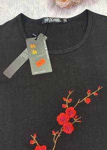 Black T-Shirt with Red Floral Embroidery