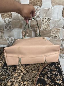Stylish Beige Tote Bag with Green Accents